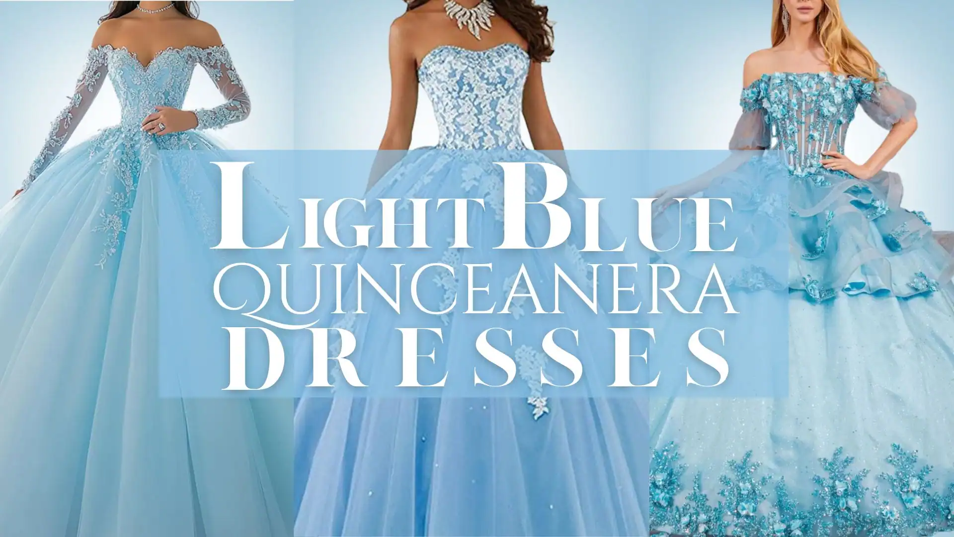 The image showcases a collection of light blue quinceañera dresses, featuring various styles. One design highlights a fitted bodice with intricate lace detailing and a voluminous skirt, elegantly cascading in layers, while another features off-the-shoulder sleeves adorned with floral appliqués. The dresses incorporate sparkling embellishments and gradients in light blue hues, creating a whimsical and enchanting aesthetic perfect for a celebration.