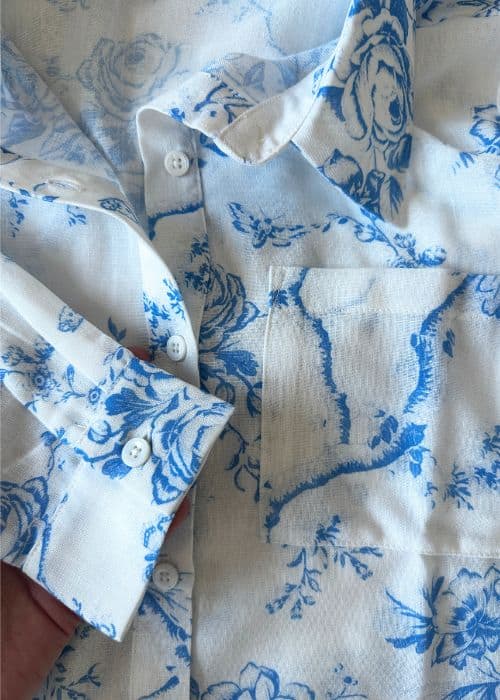 Lightinthebox linen-style women's floral white and blue blouse details