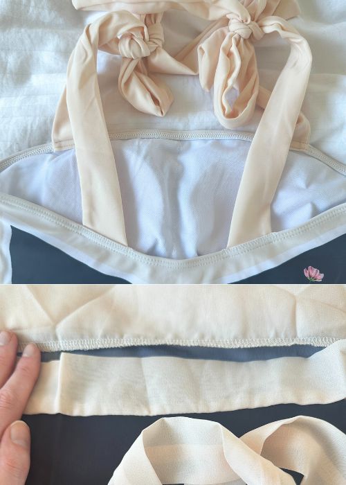 Stitching and fabric details of lightinthebox bathing suit and serong
