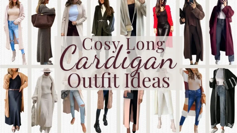 The image showcases various fashionable long cardigan outfits featuring soft, textured fabrics in shades like beige, brown, and black. The cardigans are styled with a variety of necklines and sleeve lengths, paired with casual and elegant options like fitted jeans or stylish boots. Each ensemble exudes warmth and versatility, perfect for layering in any season.