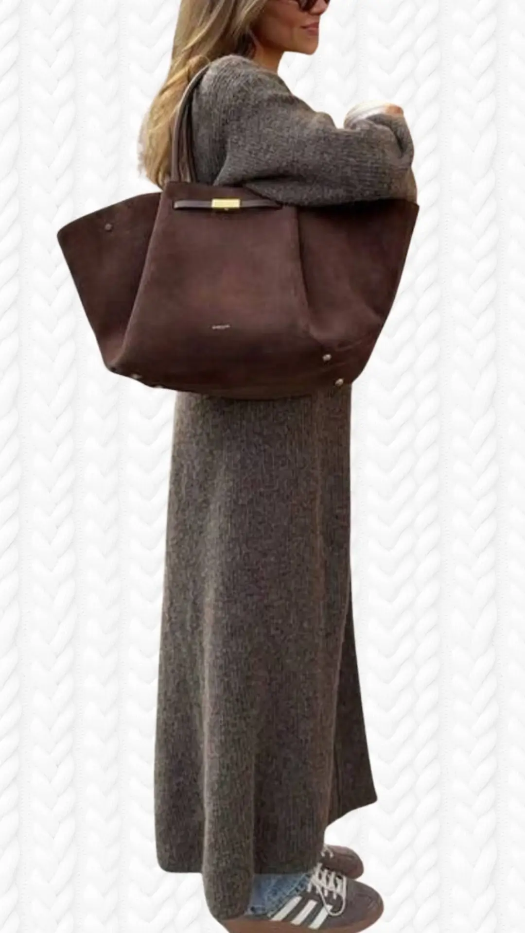 The outfit features a long, cozy cardigan made from a textured, knit fabric in a muted gray-brown shade, with fitted long sleeves and an open front that adds elegance. Paired with casual footwear, it includes dark gray sneakers, creating a balanced look that is both stylish and comfortable. A large brown tote bag complements the ensemble, enhancing its practicality and chic appeal.