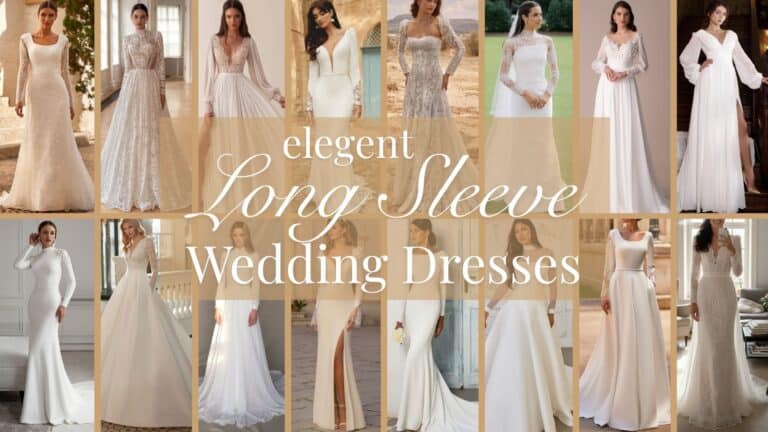 The long sleeves featured on the wedding dresses vary in style, with some elegantly extending to the wrist in a sleek form-fitting design, while others are billowy and softly draped, creating a romantic silhouette. Predominantly crafted from delicate lace or soft satin, the sleeves are often adorned with intricate embellishments or sheer elements that enhance their elegance. The color remains a classic white, adding a timeless quality to the overall aesthetic of the dresses.