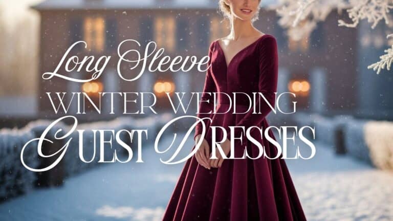 A long sleeve wedding guest dress in a rich burgundy hue features a flattering A-line silhouette. The deep V-neckline elegantly complements the fitted bodice, making it suitable for winter weddings. The fabric appears luxurious and warm, perfect for colder weather.