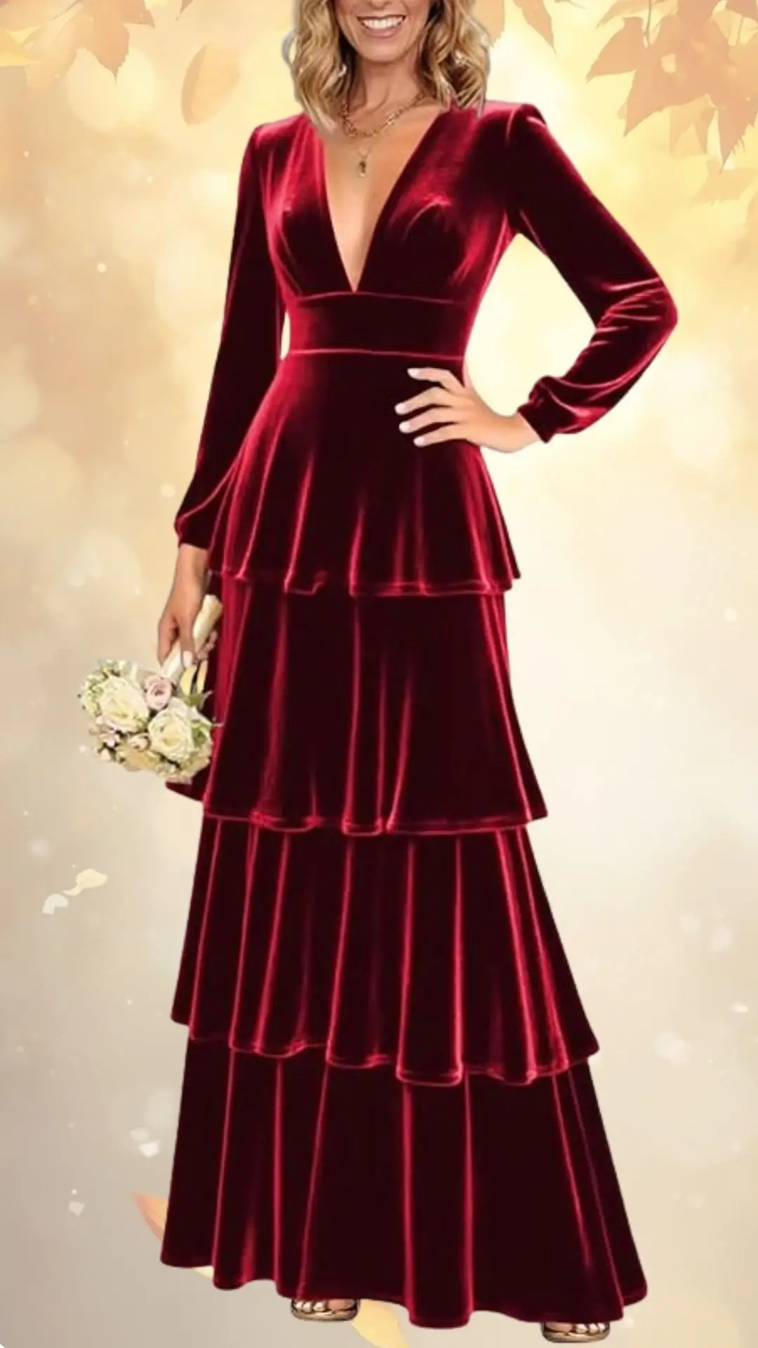 A rich burgundy velvet dress features long sleeves and a plunging V-neckline, accentuating a fitted bodice. The dress flows into a tiered skirt, creating a graceful silhouette perfect for elegant occasions. The model holds a bouquet of soft-colored flowers, adding a touch of romance to the ensemble.