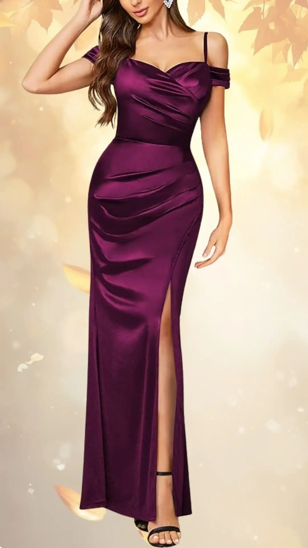 Elegant fall wedding guest dress made from luxurious purple satin, featuring a fitted silhouette with off-the-shoulder sleeves and a draped bodice. The dress includes a thigh-high slit on one side, accentuating its chic design, and is complemented by strappy black heels. The soft fabric enhances the gown's overall sophistication, perfect for formal gatherings.