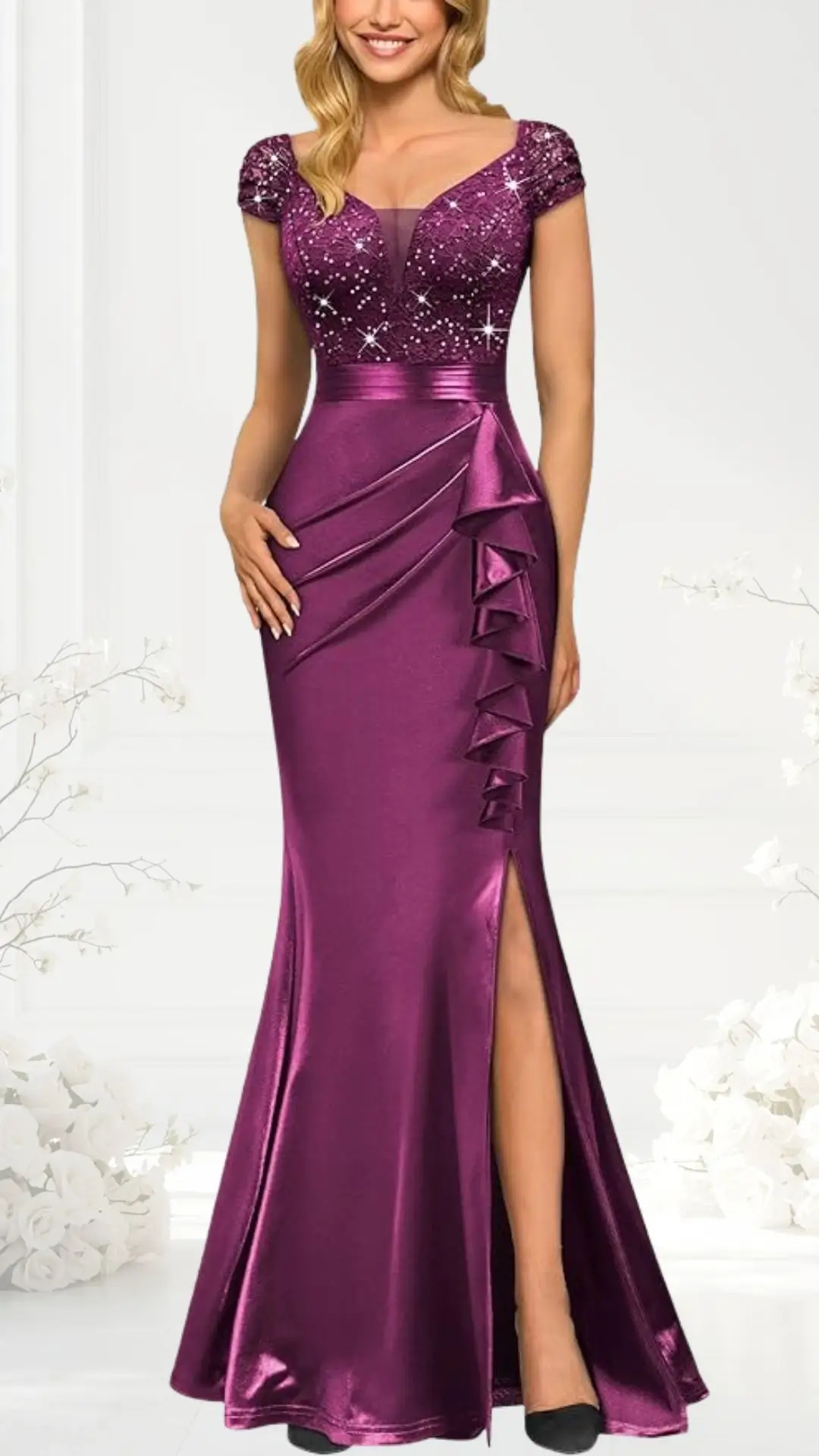 The image features a maroon wedding guest dress with a fitted silhouette. It has a partially embellished bodice with delicate detailing and cap sleeves, and a flowing skirt that includes a side slit and ruffled accent on one side. The fabric has a sleek, shiny finish, adding elegance to the overall look.