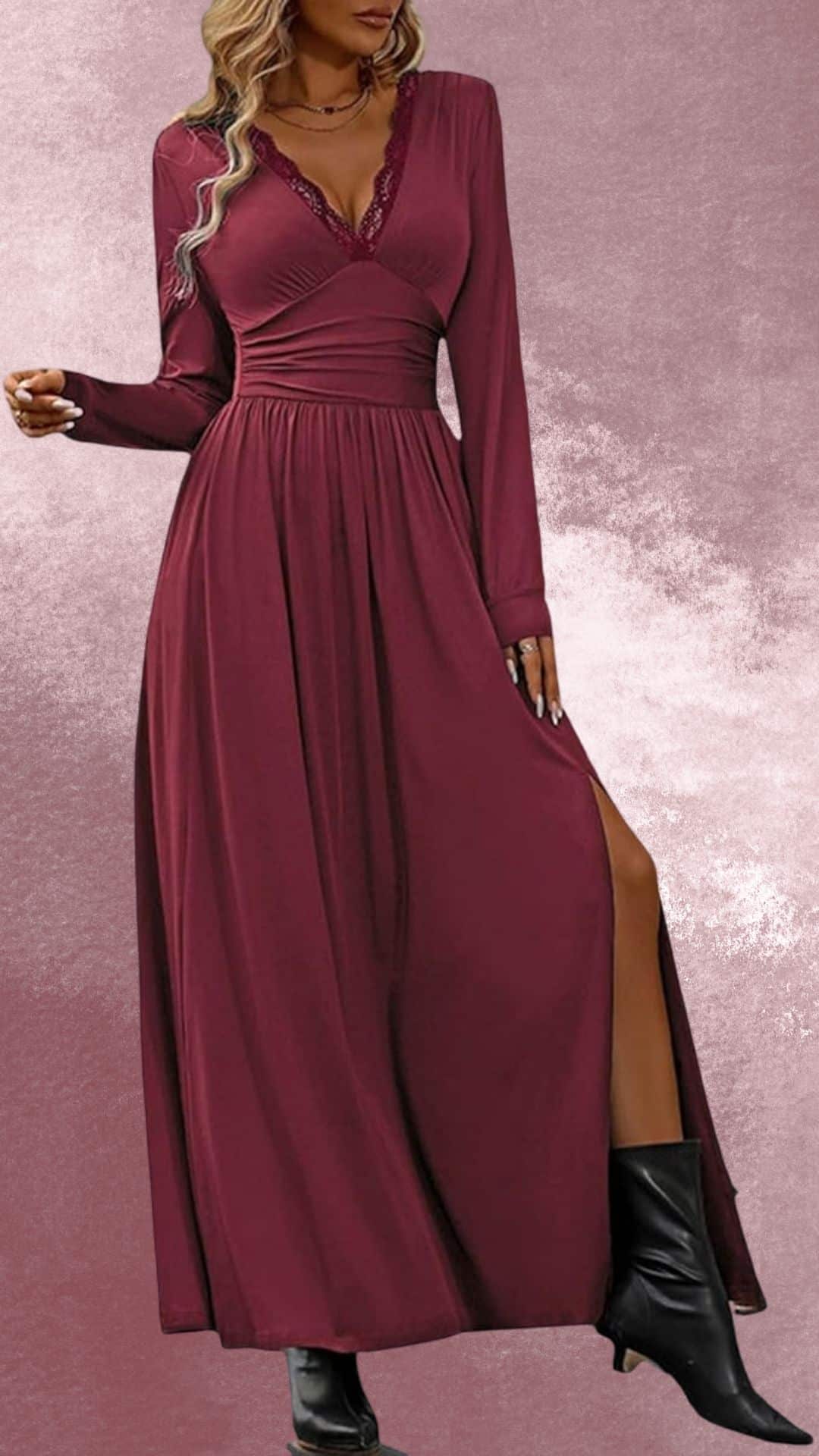 This elegant maxi dress features a deep V-neckline adorned with delicate lace trim and long sleeves, crafted from a flowing burgundy fabric that exudes a country western vibe. The dress has a high slit on one side, beautifully complementing black cowboy boots, creating a chic yet rustic look ideal for any casual gathering or event. The fitted bodice transitions into a relaxed, floor-length skirt, enhancing its graceful silhouette.