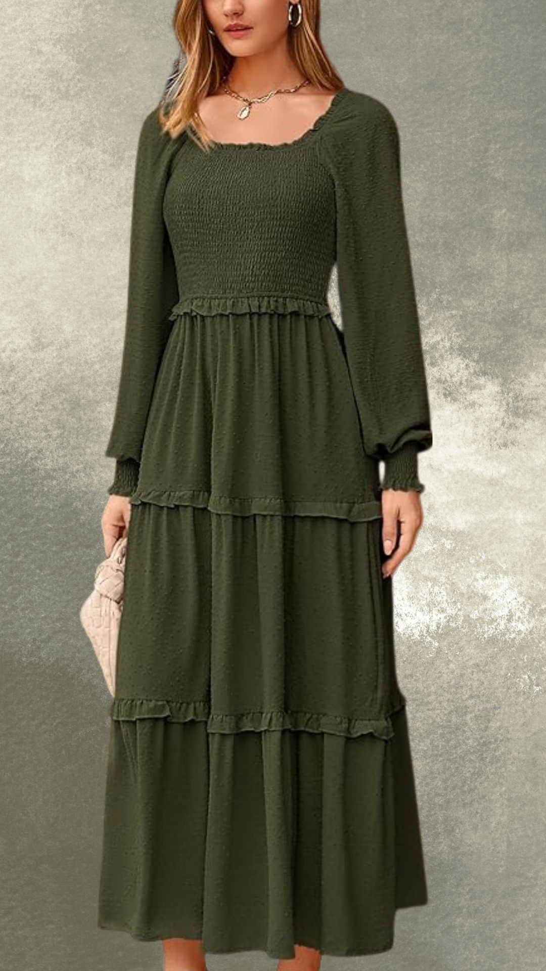 This elegant maxi dress features a deep olive green color with a smocked bodice and long puffed sleeves, exuding a relaxed yet stylish country western vibe. The tiered design, accented with soft ruffles, adds movement and charm, making it a perfect pairing with cowboy boots for a chic, outdoor look. A delicate accessory, such as a small handbag, enhances its casual elegance.