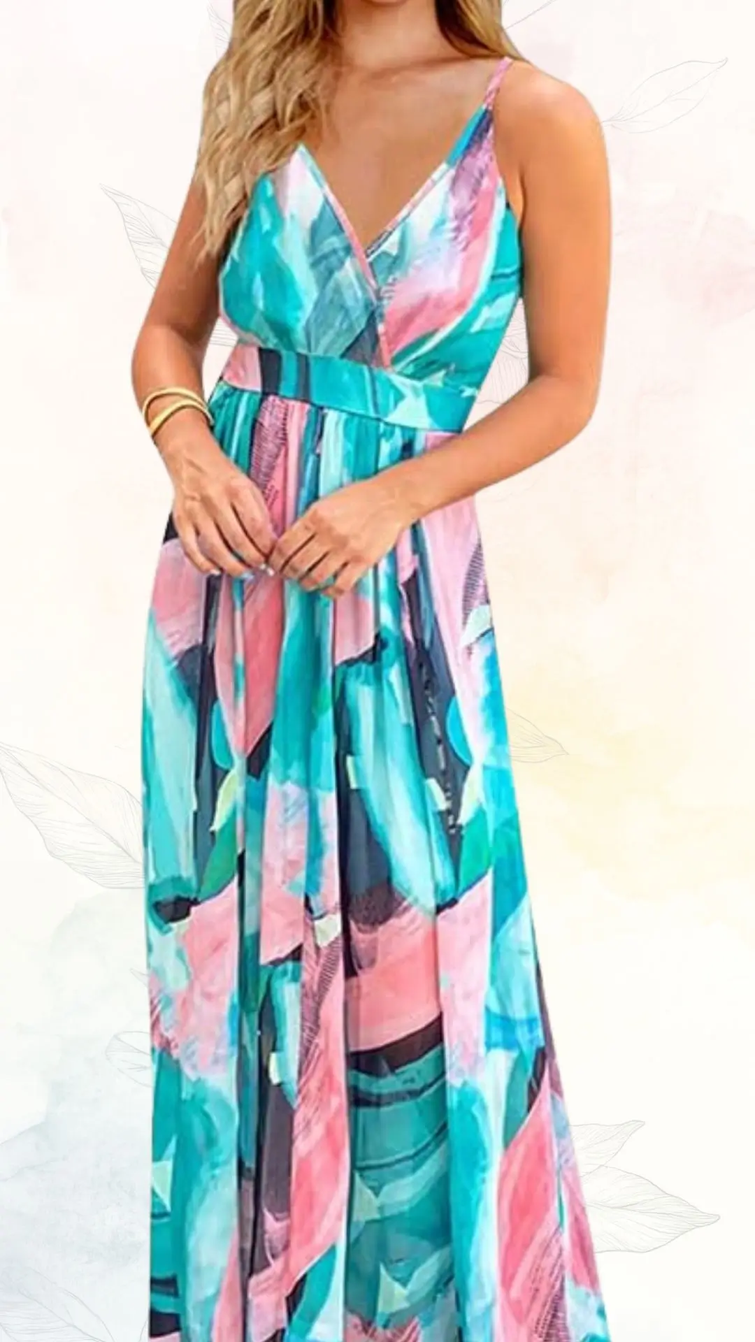 A summer maxi dress in vibrant hues of teal, pink, and black, featuring a deep V-neckline and adjustable thin straps. The dress has a fitted bodice that flows into a loose skirt, adorned with an abstract watercolor print that conveys a lively and elegant style, making it suitable for wedding guests. A matching belt enhances the waistline, adding definition to the flowing silhouette.