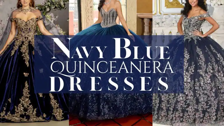 This collection of navy blue quinceañera dresses features a variety of opulent designs characterized by intricately embellished bodices and voluminous skirts. The first dress showcases a fitted corset adorned with gold floral appliqués, while the second boasts a shimmering, layered tulle skirt with delicate beading that offers a luxurious feel. Each gown combines a deep navy hue with ornate details, making them perfect for a grand celebration.