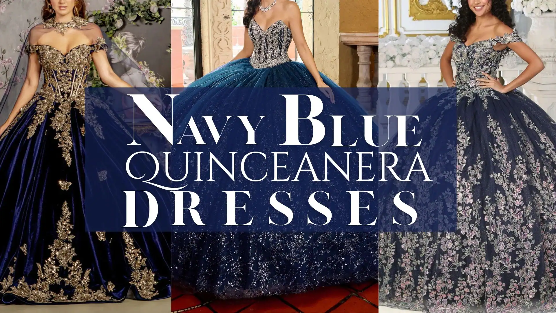 This collection of navy blue quinceañera dresses features a variety of opulent designs characterized by intricately embellished bodices and voluminous skirts. The first dress showcases a fitted corset adorned with gold floral appliqués, while the second boasts a shimmering, layered tulle skirt with delicate beading that offers a luxurious feel. Each gown combines a deep navy hue with ornate details, making them perfect for a grand celebration.