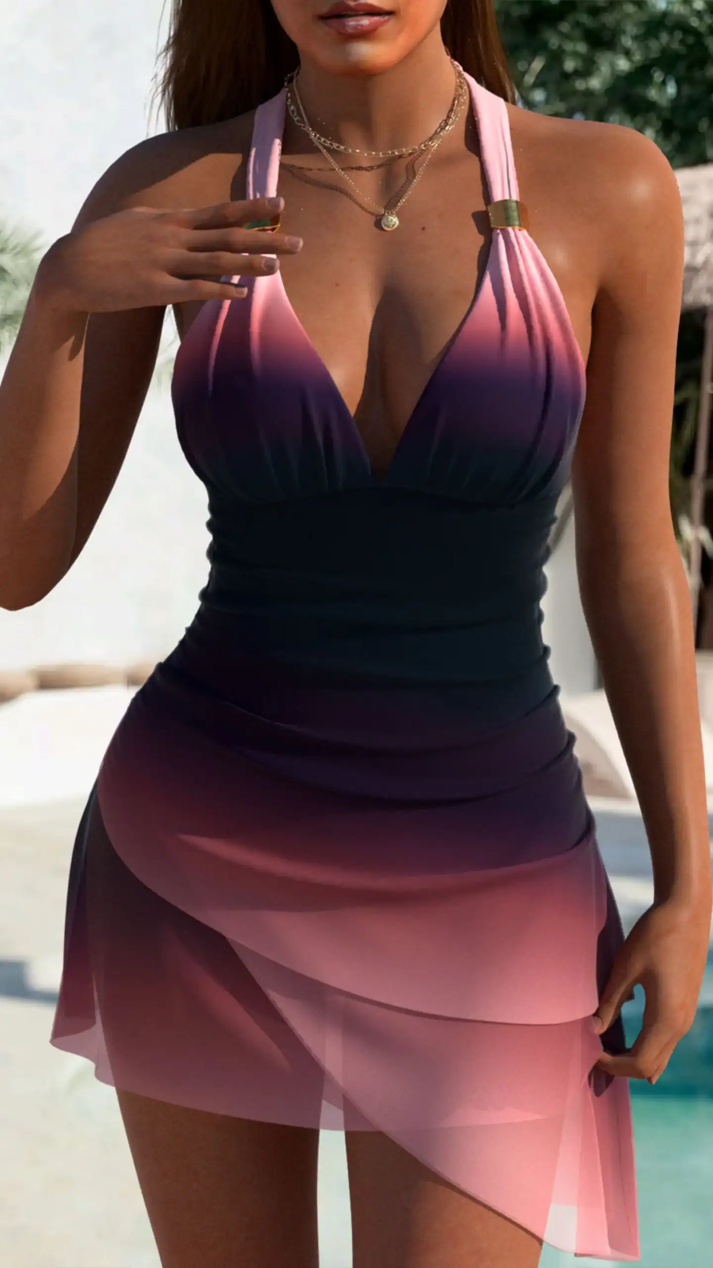 This tankini set features a figure-flattering silhouette with a deep V-neckline and halter straps, complemented by a layered skirt that falls above the knee, creating a playful yet elegant look. Crafted from a soft, stretchy fabric with a smooth matte finish, it showcases a striking ombre transition from deep navy to soft pink, perfect for beach outings or poolside relaxation.