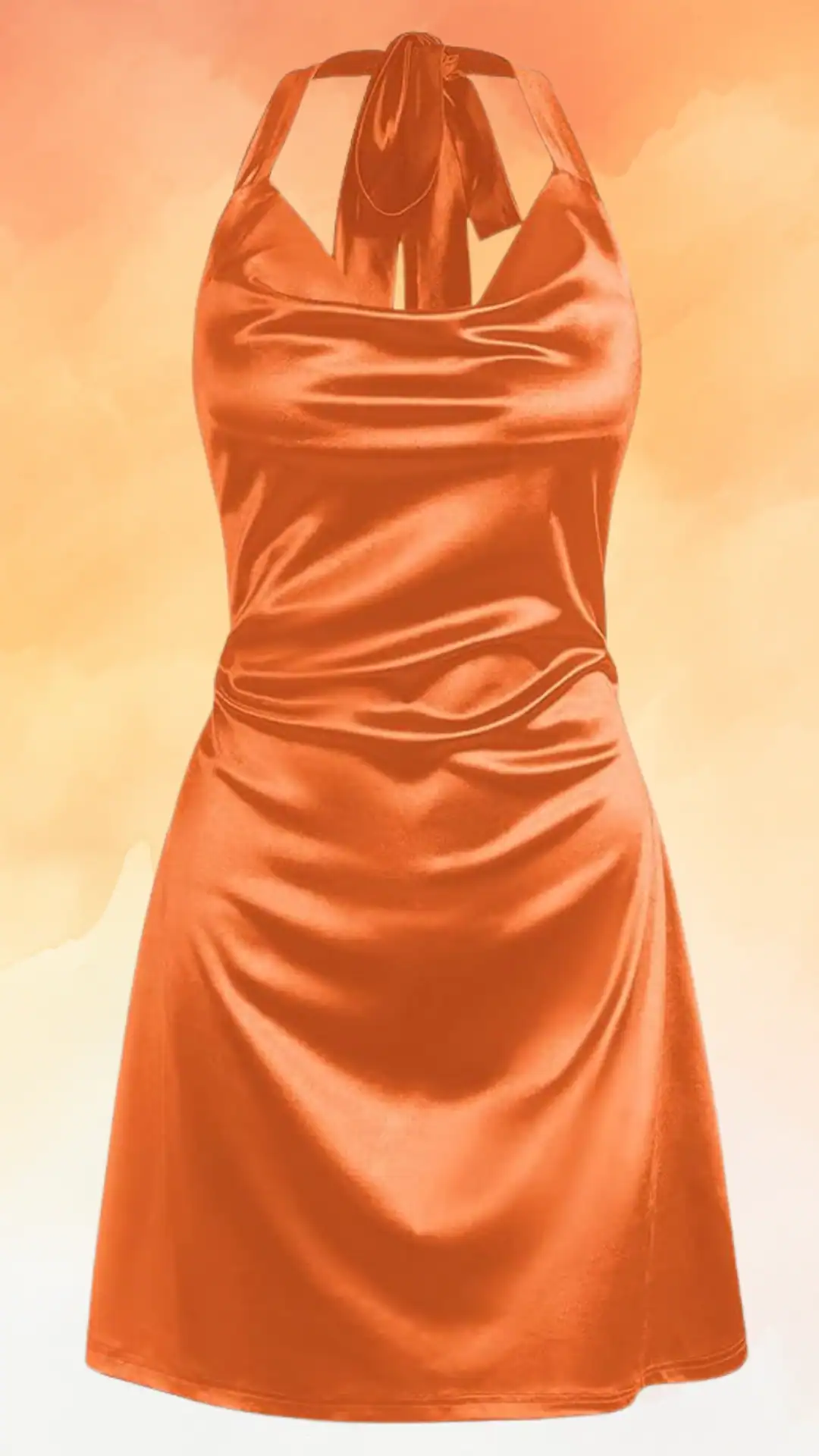 This orange homecoming dress features a fitted silhouette with a sleek halter neckline, made from a smooth satin fabric that reflects light for a vibrant sheen. The design is minimalist yet chic, perfect for a formal event, offering a trendy look for teenage girls.