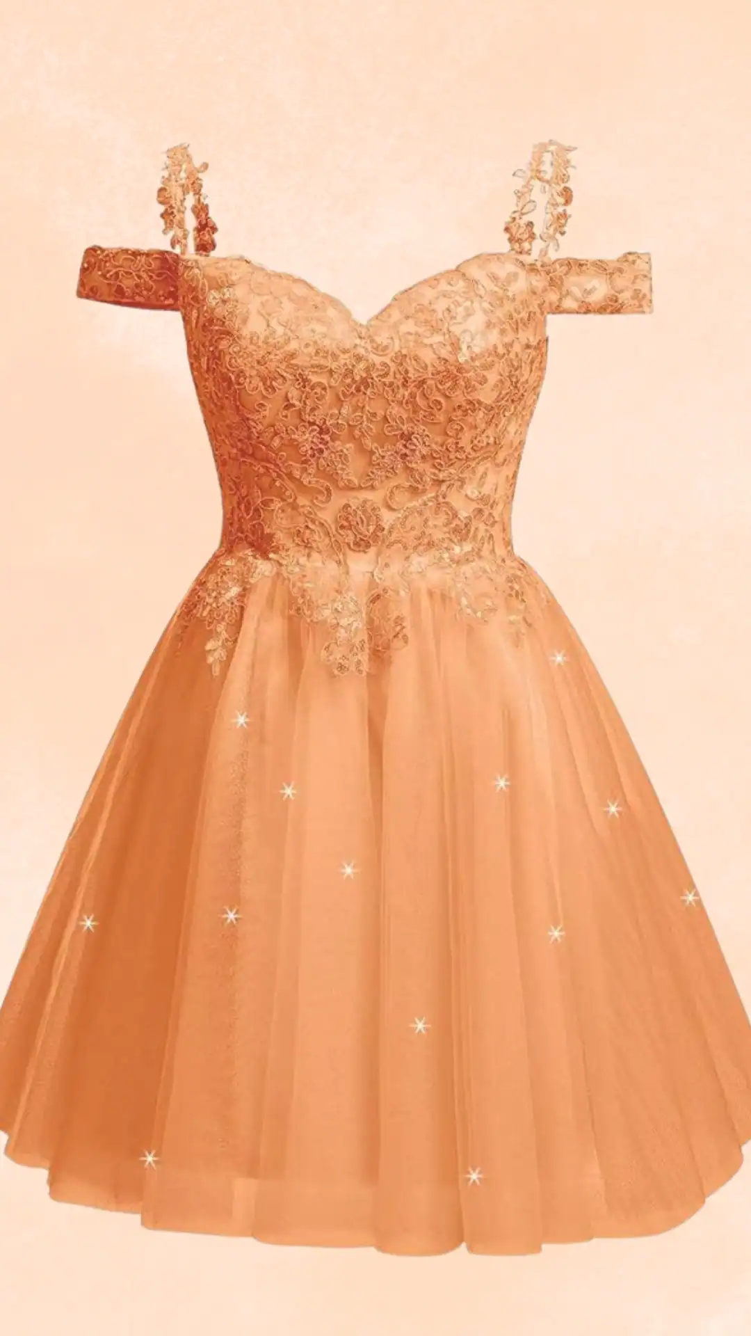 This orange homecoming dress features a fitted corset-style bodice adorned with intricate lace and delicate floral embroidery, complemented by playful off-the-shoulder straps. The textured, layered tulle skirt offers a voluminous silhouette, creating a romantic and whimsical vibe perfect for a teenage girl's special occasion, such as a school dance or formal event.