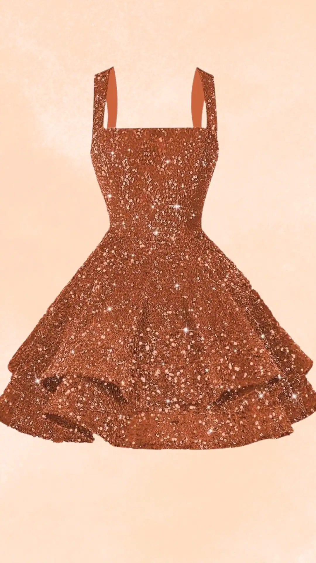 This orange homecoming dress features a sparkling sequin fabric that creates a dazzling, textured effect, complemented by a fitted bodice and a flared, voluminous skirt for an eye-catching silhouette. Its playful and trendy vibe, perfect for a school dance or homecoming event, makes it an ideal choice for teenage girls looking to make a statement.