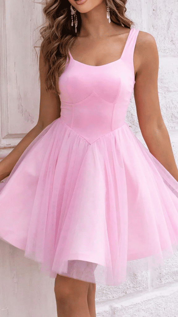 This charming homecoming dress features a fitted bodice and a voluminous skirt made of soft, lightweight tulle in a delightful pastel pink hue. The design exudes a romantic and playful vibe, making it ideal for teenage girls attending formal events or school dances.