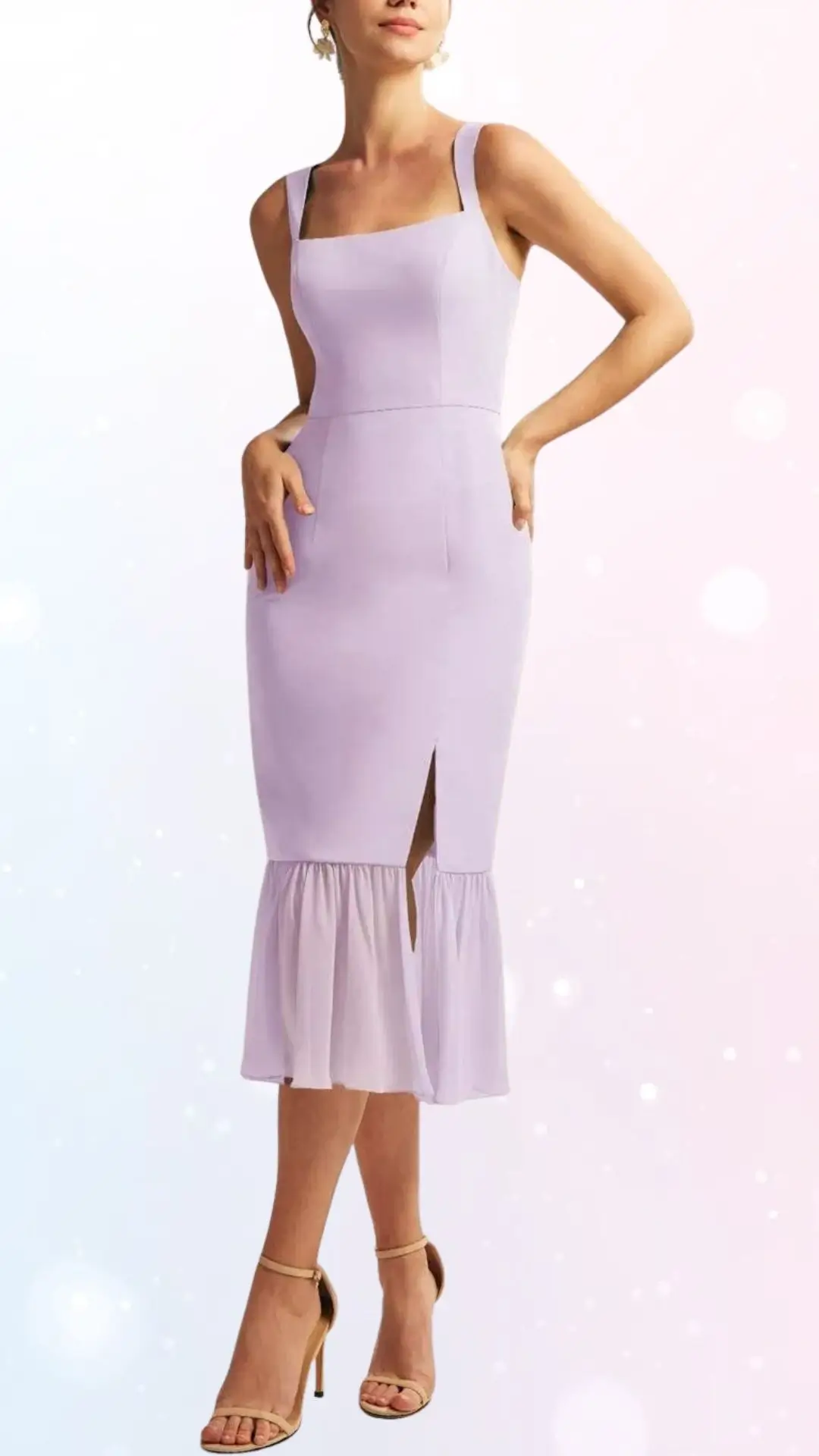 The image features a fitted lilac dress with a square neckline and delicate straps, designed for spring weddings. It has a flared hem with a subtle slit at the front, enhancing its elegant silhouette. The model pairs the dress with nude high-heeled sandals for a refined look.