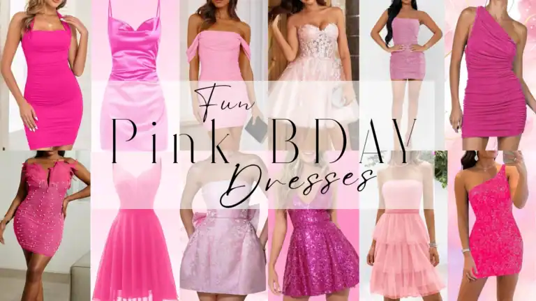 The image features a collection of vibrant pink birthday dresses, showcasing styles ranging from long sleeve tight and classy to layered and flared silhouettes. Textures vary from smooth satin and playful tulle to shimmering sequins, with hues including bold fuchsia, soft blush, and deep raspberry, creating a fun and flirty vibe perfect for parties or a sweet 16.