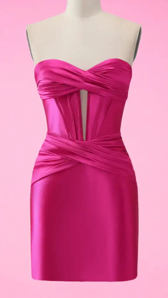 Strapless hot pink satin mini dress with pleated bust, center cutout, corset-style seams, and crisscross ruching at the waist for a sculpted silhouette.