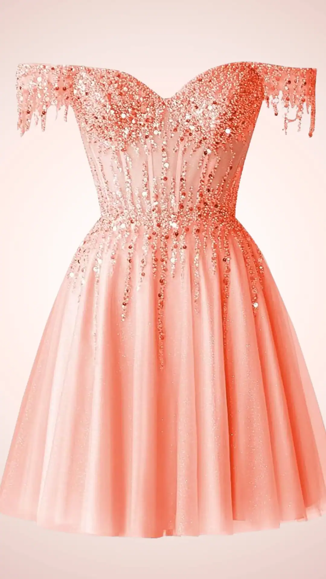 This playful homecoming dress features a strapless, sweetheart neckline adorned with shimmering sequins, creating a dazzling effect. The soft peach fabric is lightweight with a smooth, flowing texture that forms a fitted bodice before flaring into a voluminous skirt, perfect for a festive celebration. The overall vibe is trendy and enchanting, making it an ideal choice for teenage girls attending homecoming or a school dance.