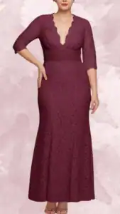 This plus-size wedding guest dress features a deep V-neckline and three-quarter sleeves, elegantly showcasing a fitted bodice that transitions into a flared mermaid silhouette. The rich burgundy fabric is adorned with a floral lace pattern, adding texture and sophistication, while the cinched waist accentuates curves. The hemline falls gracefully to the floor, making it a stylish choice for any formal occasion.