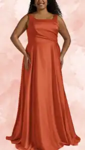 The dress features a sleek, floor-length design in a warm burnt orange hue, characterized by a square neckline and wide tank straps that provide a comfortable fit. The fabric flows gracefully, with gentle draping at the waist, creating a flattering silhouette, while the overall style is both elegant and versatile for various wedding settings.