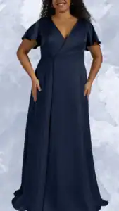This plus-size wedding guest dress features a deep V-neckline and flutter short sleeves, enhancing its elegant silhouette. The dress falls to the floor with a flowing hemline, crafted from a soft navy fabric that provides both comfort and a polished look. Additional design elements include a wrapped bodice that flatters the waist, making it ideal for formal occasions.