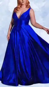 This plus-size wedding guest dress features a deep V-neckline and wide, supportive straps that enhance the bust while providing comfort. The flowing A-line silhouette is crafted from a luxurious royal blue fabric, adorned with subtle sparkles, and extends elegantly to the floor with a graceful hemline. The waist is cinched, highlighting the figure and creating a flattering shape.
