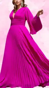 This plus-size wedding guest dress features a deep V-neckline and billowy long sleeves, beautifully crafted from pleated fabric for a flowing silhouette. The bold magenta hue accentuates the fitted waist, leading into a full-length skirt that enhances movement and elegance. Notable details include the texture of the pleating, adding visual interest and a contemporary edge to this classic style.