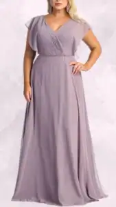 This plus size wedding guest dress features a flattering V-neckline, delicate flutter sleeves, and a defined waist, creating an elegant silhouette. The gown is crafted from a soft lavender fabric that flows gracefully to the floor, with a gentle hemline that adds movement. Subtle pleating at the bust enhances the feminine design, making it suitable for formal occasions.
