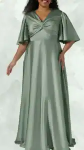 This plus-size wedding guest dress features a V-neckline and elegant flutter sleeves, lending a romantic touch. The dress is a soft sage green, flows gracefully to the floor, and is designed with a knotted detail at the bust for added sophistication. Its smooth, satin-like fabric enhances the overall drape, making it both comfortable and stylish for formal occasions.