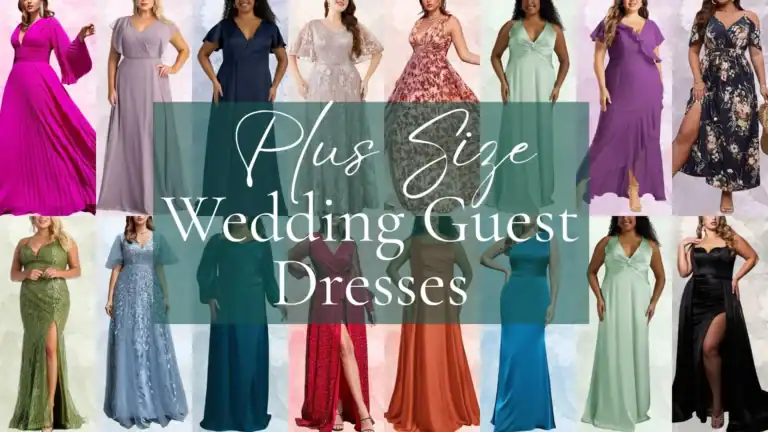 A vibrant fuchsia dress features long, flowing sleeves and a deep V-neckline, accentuating the waist with a pleated design that falls to a floor-length hem. The fabric is lightweight, creating an elegant silhouette, while the rich color adds a bold statement perfect for a wedding. The dress showcases a subtle sheen that enhances its luxurious feel, making it an eye-catching choice for plus-size wedding guests.