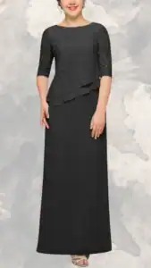 This plus-size wedding guest dress features a fitted bodice with a round neckline and elegant three-quarter lace sleeves, offering a sophisticated touch. The dress cascades into a flowing, floor-length skirt with a subtle layered design at the waist, showcasing a sleek black color with intricate lace detailing on the upper portion. A perfect blend of classic style and modern elegance, this dress is ideal for formal occasions.