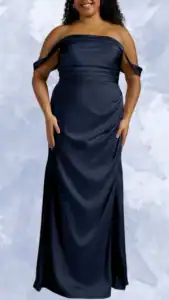 This plus-size wedding guest dress features a sleek, navy satin fabric with an off-the-shoulder neckline and flowing, fitted silhouette that gracefully hugs the body. Designed with elegant draping and a floor-length hem, it presents a refined look ideal for formal occasions. The simple yet sophisticated style is accentuated by the lustrous sheen of the fabric, providing an effortlessly chic appearance.