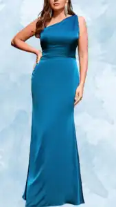 This plus size wedding guest dress is a sleek, floor-length gown in a vibrant turquoise fabric with a soft sheen. It features a one-shoulder neckline and a fitted silhouette that highlights the waist, flowing gracefully to a slightly flared hemline. The solid color and elegant draping create a modern yet timeless look, perfect for formal occasions.