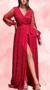This plus-size wedding guest dress features a vibrant ruby red fabric adorned with shimmering silver sequins, creating a sparkling effect. It has a deep V-neckline, long sheer puff sleeves, and a waist tie that accentuates the silhouette, with a flowing skirt that includes a bold thigh-high slit for a touch of drama. The overall design combines elegance with playful elements, making it a stunning choice for special occasions.