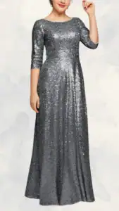 The dress features a flattering boat neckline and three-quarter sleeves, made from shimmering silver sequins that catch the light beautifully. It has a fitted bodice that gently flares into a flowing, floor-length skirt, offering elegant movement while maintaining a sophisticated silhouette. This design showcases a chic and glamorous look, perfect for a wedding guest.