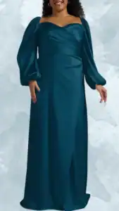 This plus-size wedding guest dress features a deep teal hue with a sweetheart neckline and elegant, billowy long sleeves that add a romantic touch. The fitted bodice is beautifully draped, leading into a flowing, floor-length skirt that offers a graceful silhouette. The overall design strikes a balance between sophistication and comfort, making it a perfect choice for wedding celebrations.