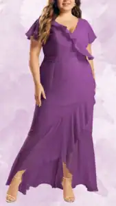 This plus-size wedding guest dress features a flattering V-neckline and flutter sleeves, accentuated by a cascading ruffle detail along the front. The knee-length hemline, with a longer back, creates an elegant silhouette, while the solid deep purple color adds a rich, bold touch. The defined waist enhances shape, making it ideal for special occasions.
