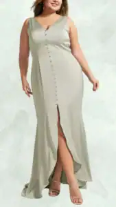 This plus-size wedding guest dress features a v-neckline and sleeveless design, complemented by a row of decorative buttons down the front. The dress is made of a soft, flowy fabric in a muted sage green, with a thigh-high slit for added elegance. The hemline gracefully falls to the floor, creating a chic silhouette suitable for formal occasions.