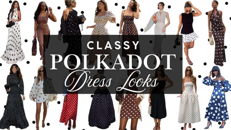 A collage of stylish polkadot dresses showcases various designs, including long, fitted, and flared silhouettes in black and white, brown, and vibrant colors. The dresses feature diverse styles, such as halter necks, puff sleeves, and strapless cuts, with polkadots in contrasting colors enhancing their appeal. The background is a simple white, highlighting the playful yet elegant nature of these classy dress looks.