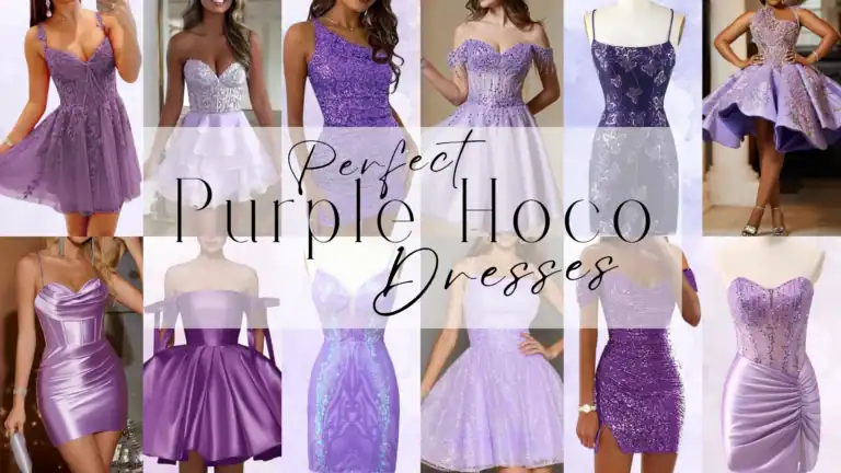 A collection of vibrant purple homecoming dresses features an array of styles, from form-fitting satin to flared tulle, showcasing textures like shimmering sequins and delicate lace. With varying shades of lavender and deep violet, these dresses incorporate embellishments and intricate patterns, presenting a blend of playful and elegant silhouettes perfect for teen girls attending formal events like homecoming or prom.