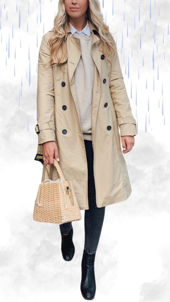 The outfit features a classic beige trench coat with a sleek, water-resistant texture and black buttons, layered over a light gray sweater and a collared shirt for warmth and sophistication. Dark skinny jeans enhance the streamlined look, complemented by stylish black ankle boots that provide both comfort and protection from the rain. A woven beige handbag adds a touch of elegance to this chic fall or winter ensemble.