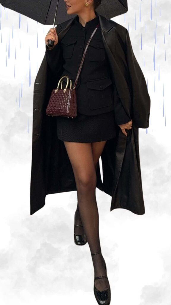 The outfit features a long, sleek black raincoat layered over a fitted black top adorned with pockets, paired with a textured black mini skirt. Complementing the look are shiny black ankle boots and a stylish burgundy handbag, with a matching umbrella held in hand, creating a chic yet practical ensemble perfect for rainy fall and winter days.