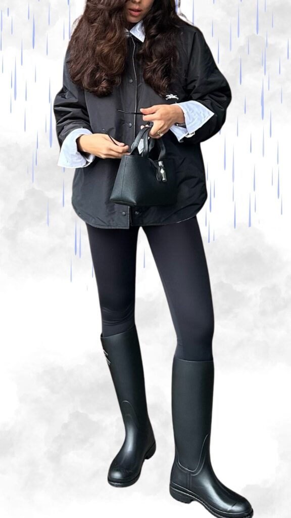 The outfit features a black, lightweight rain jacket with a relaxed fit, layered over a crisp white collared shirt, and sleek black leggings. The look is complemented by knee-high black rubber rain boots, offering practicality without sacrificing style, and is accessorized with a small black handbag for a chic finishing touch. This ensemble is ideal for staying warm and dry while looking effortlessly sophisticated in rainy fall and winter weather.