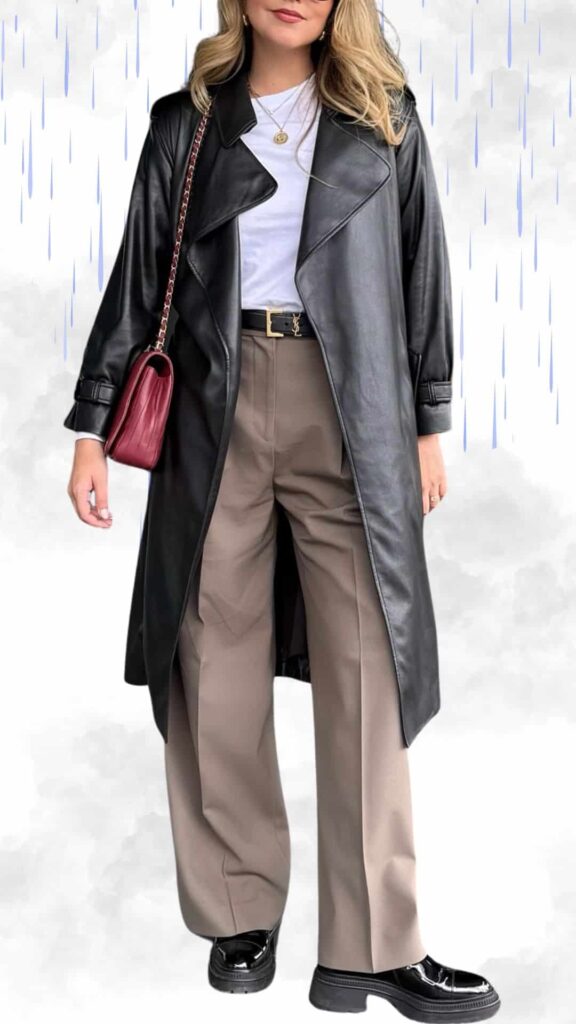 The outfit features a sleek, long black leather trench coat layered over a classic white t-shirt, paired with high-waisted beige wide-leg trousers that add sophistication. Glossy black platform boots complete the look, while a deep red crossbody bag and delicate gold jewelry provide chic, stylish accents perfect for rainy fall or winter days.