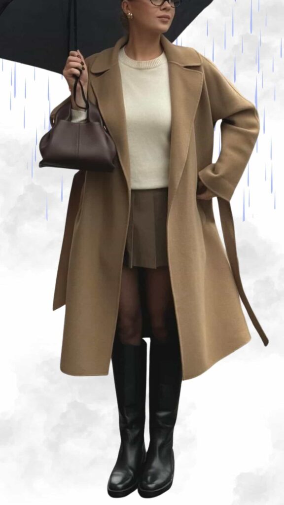 The outfit features a warm, camel-colored wool coat with a relaxed fit, layered over a cozy cream sweater and a stylish pleated beige skirt. The look is complemented by knee-high black leather boots and a matching brown handbag, while the ensemble is topped with a classic black umbrella for a chic, rainy day vibe.