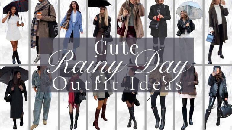 A variety of chic rainy day outfits is displayed, featuring stylish elements such as long trench coats, oversized sweaters, and tailored jackets in muted earth tones and soft blues. Complementing these layers are knee-high and ankle rain boots made from waterproof materials, along with accessories like scarves and umbrellas, providing a blend of warmth, sophistication, and practicality for fall and winter weather. Each outfit balances comfort and fashion, ensuring wearers stay both dry and classy.