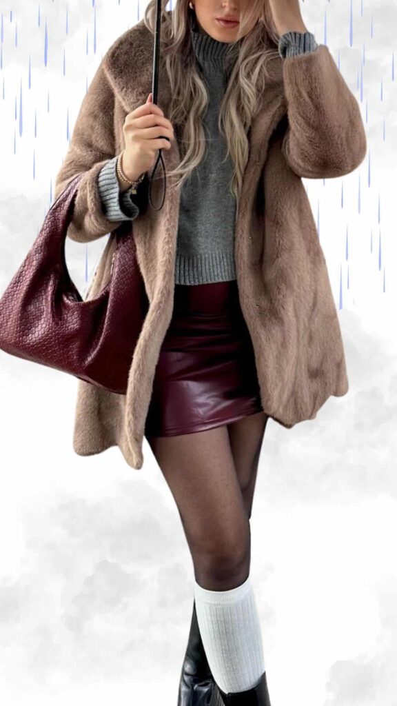 The outfit features a cozy, light brown faux fur coat layered over a fitted gray turtleneck sweater, paired with a stylish burgundy leather mini skirt. The look is completed with knee-high black rain boots and white knee socks, along with a textured burgundy handbag for a chic touch, all perfectly suited for staying warm and dry on rainy days.