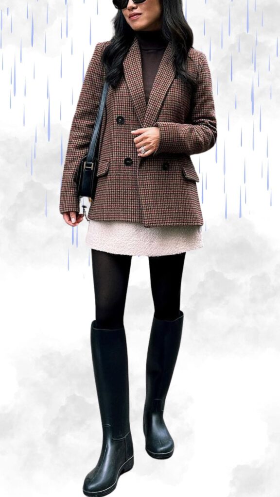 The outfit features a tailored, plaid double-breasted coat in warm brown tones over a fitted, dark brown turtleneck, paired with a light, textured mini skirt. Black opaque tights provide warmth, while knee-high black rain boots add a chic touch that's practical for wet weather. Stylish black sunglasses complete the look, ensuring both elegance and protection against the elements.